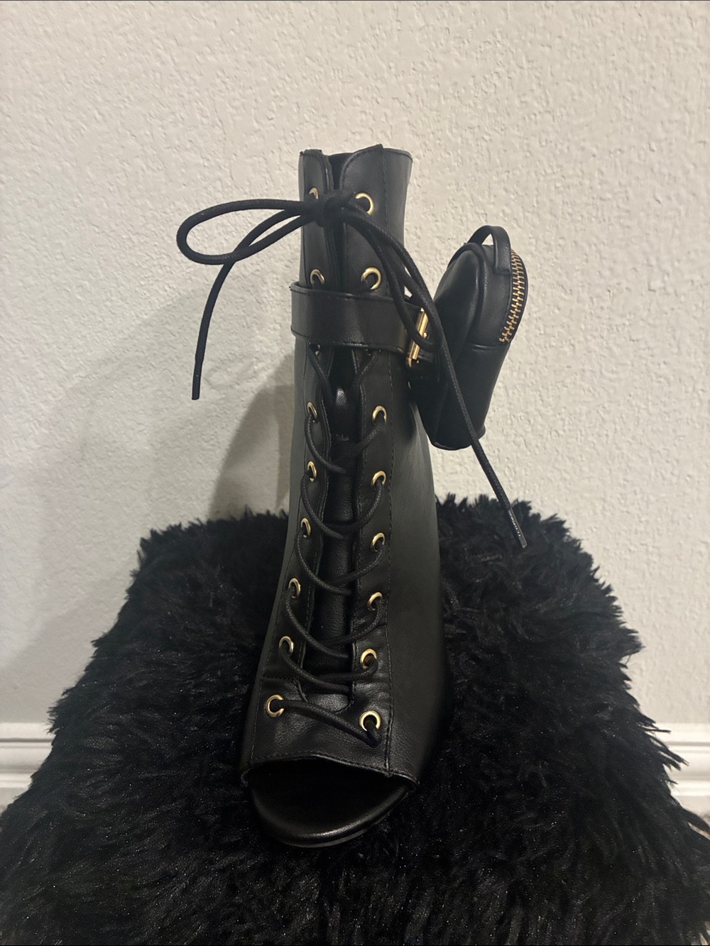 Fashion Nova Black Lace-Up Stiletto Ankle Boots with Mini Pouch